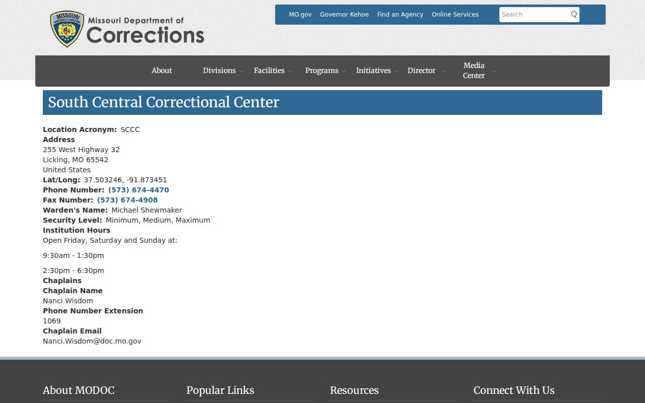 Licking criminal and custody records at South Central Correctional Center