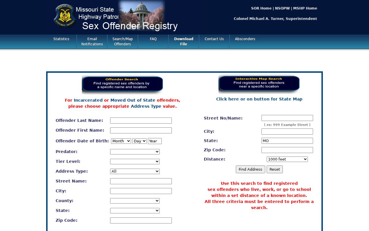 Texas County sex offender lookup on the Missouri registry search interface