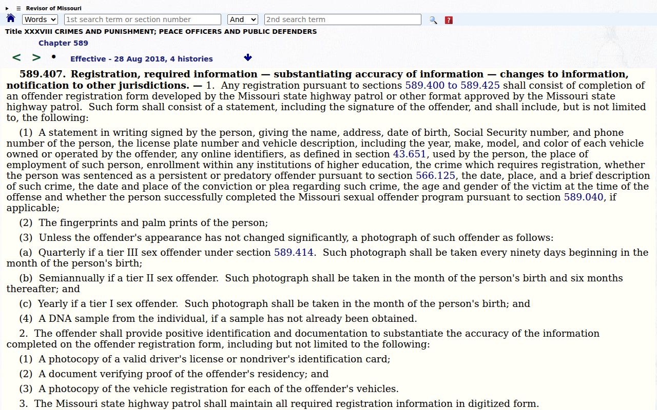 Texas County sex offender registration frequency law in Missouri