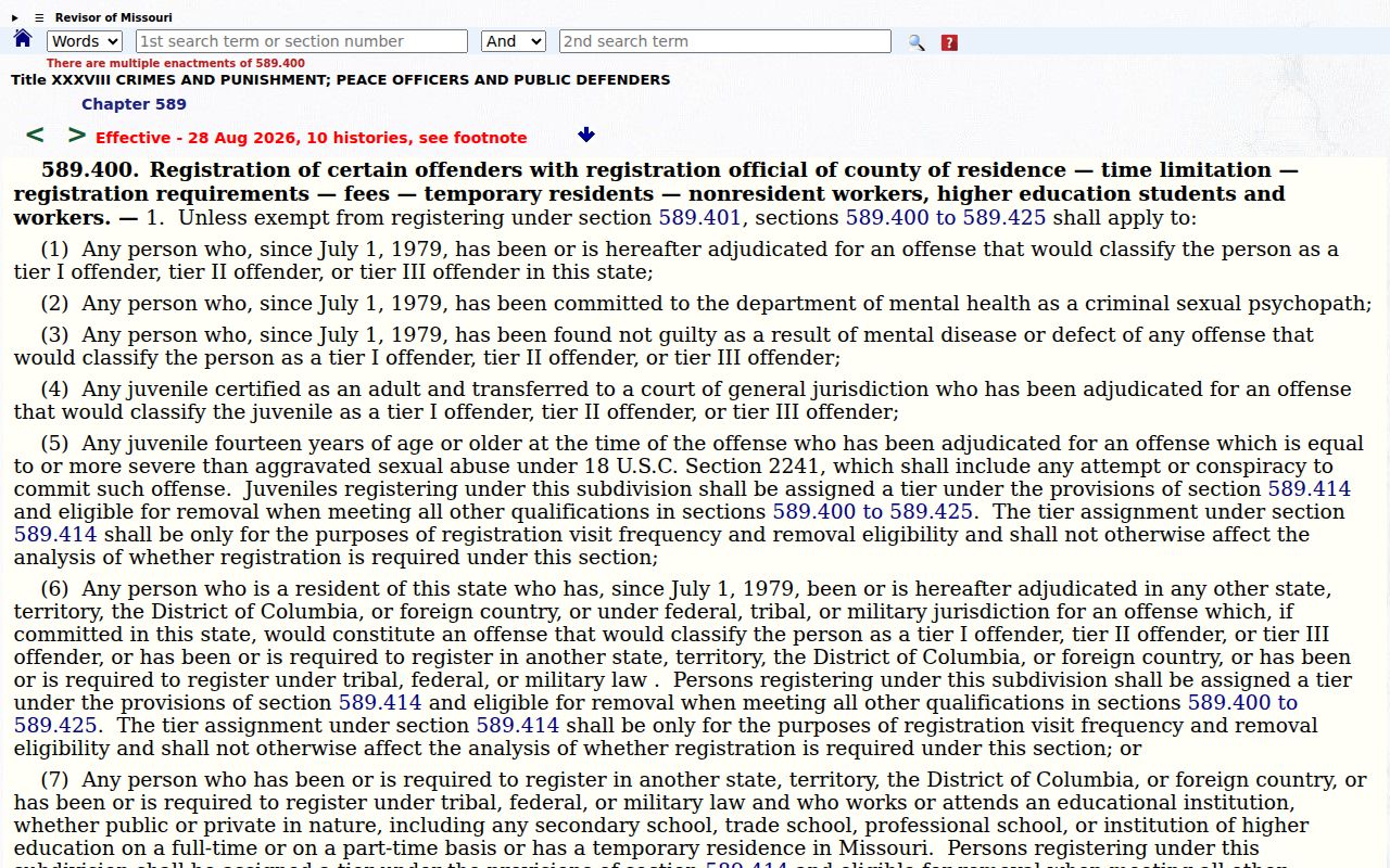 Texas County sex offender registry duration statute for Missouri